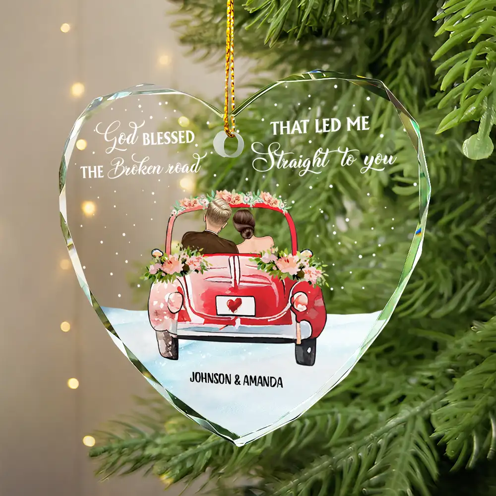 God Blessed The Broken Road Christmas Couples - Personalized Heart Shaped Glass Ornament - Image 2