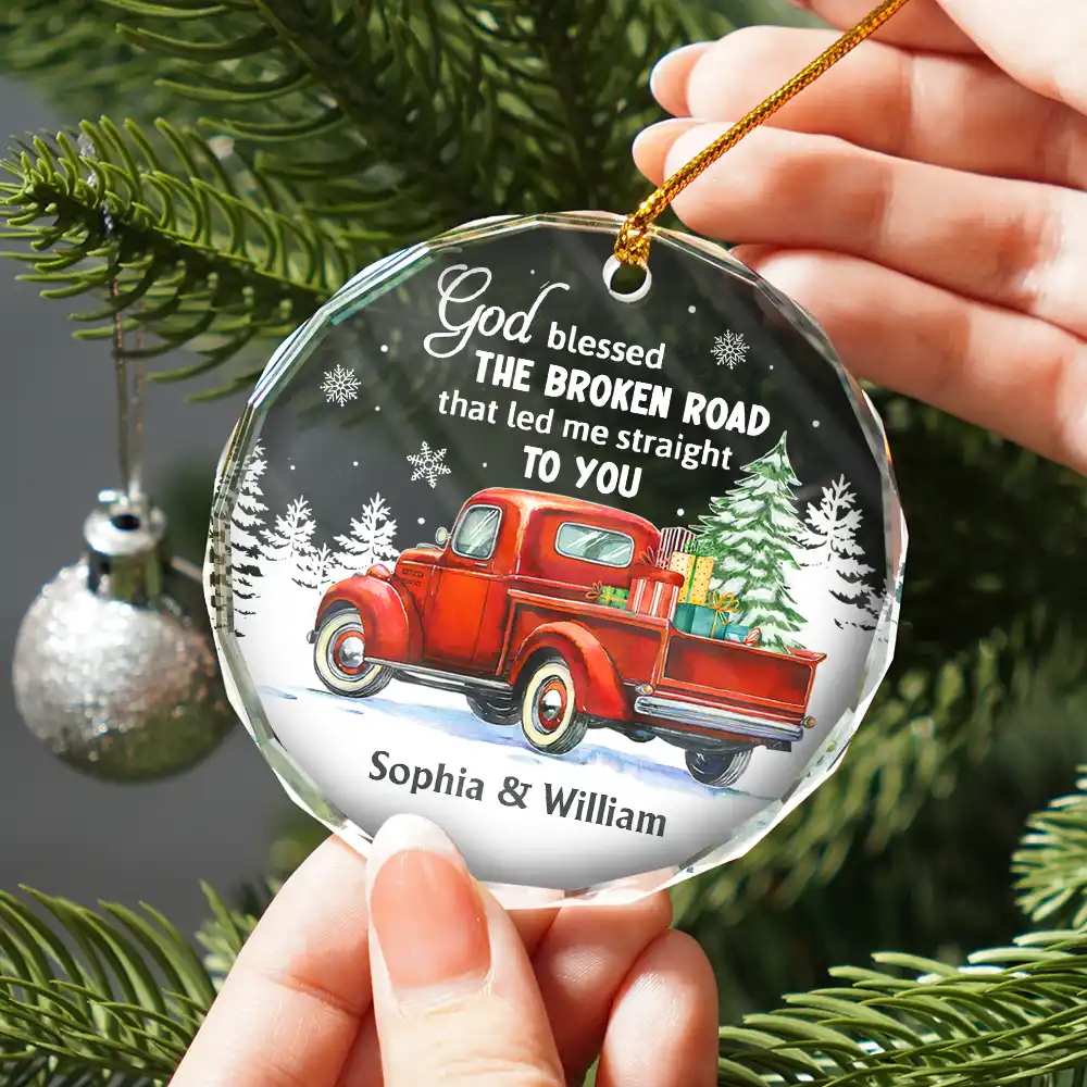 God Blessed The Broken Road Couple - Personalized Circle Glass Ornament - Image 2