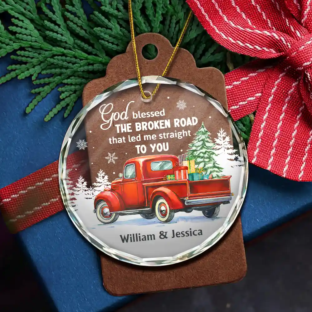 God Blessed The Broken Road Couple - Personalized Circle Glass Ornament - Image 5