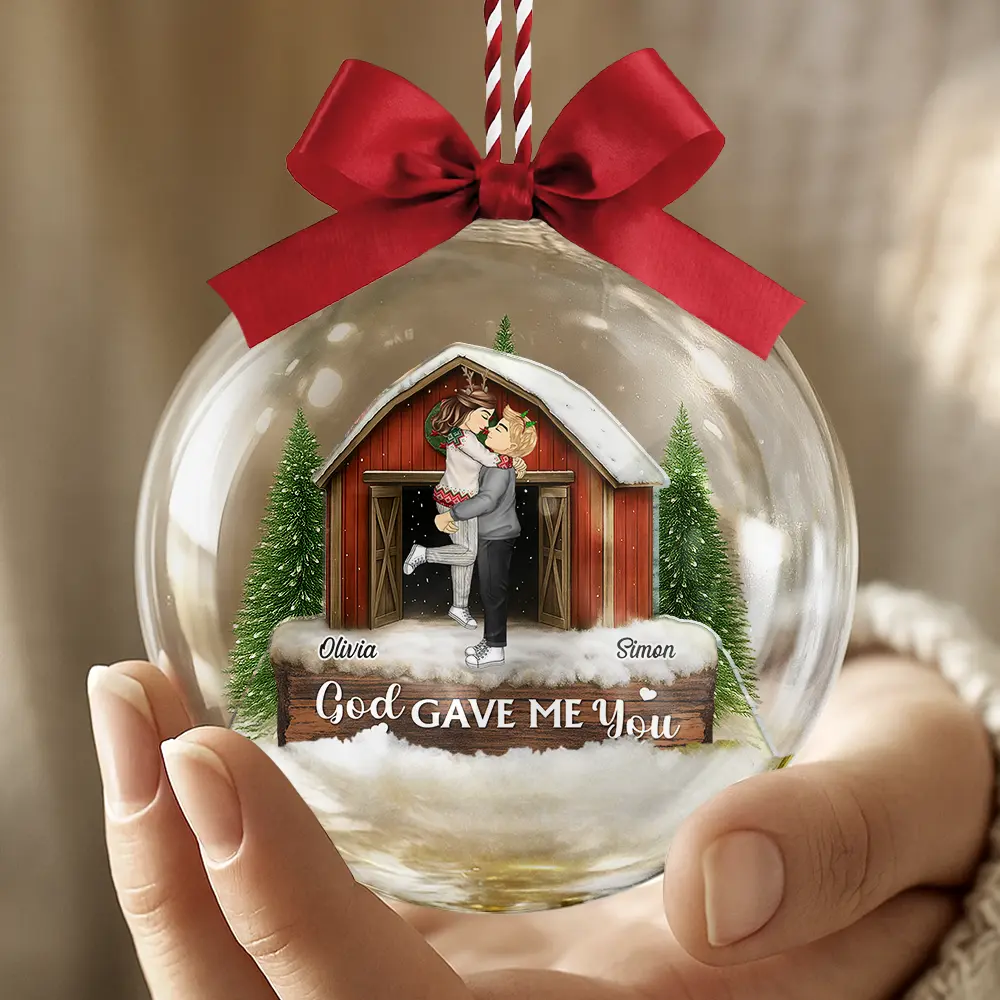 God Gave Me You Couple Red Barn - Personalized 3D Acrylic Ball Ornament - Image 4