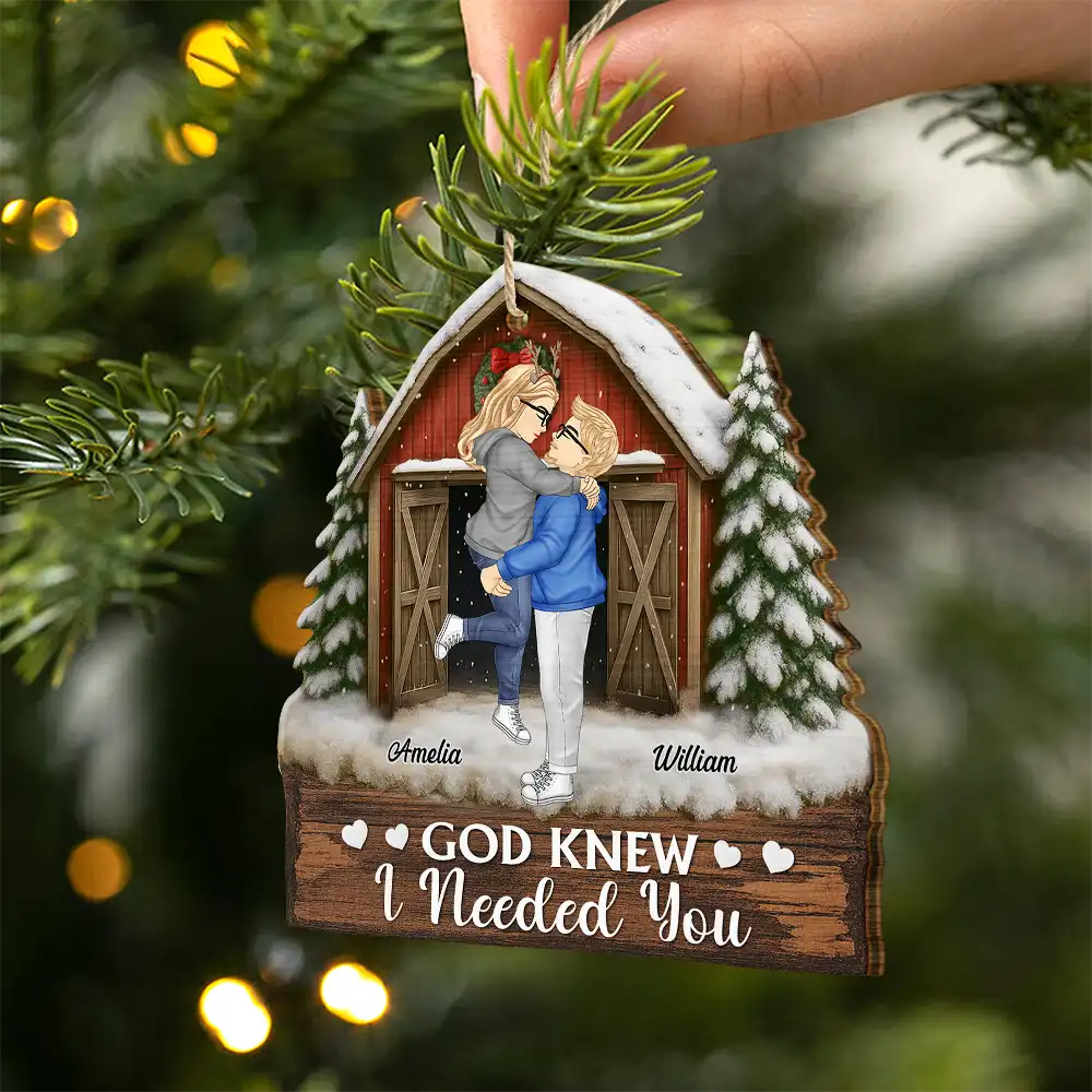 God Gave Me You Couple Red Barn - Personalized Custom Shaped Wooden Ornament - Image 2