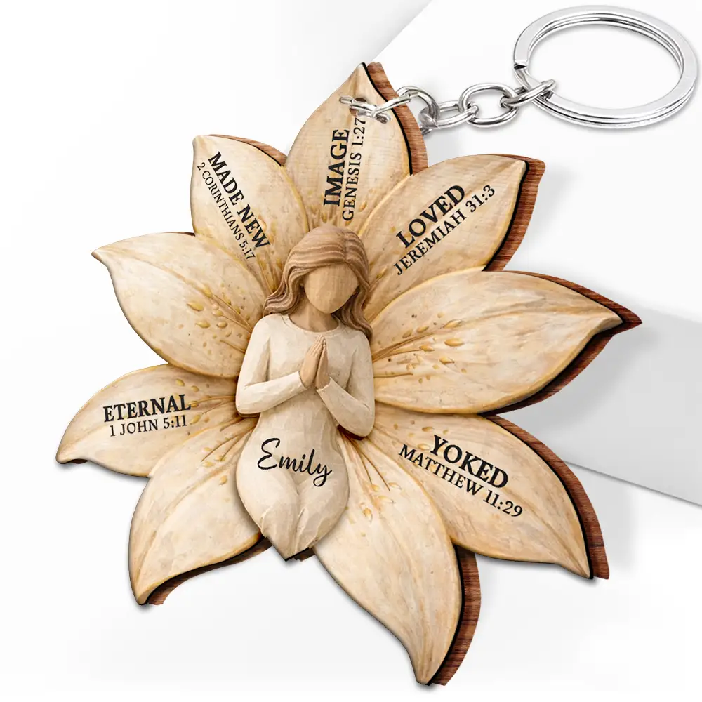 God Says I Am Bible Verse Lily Flower - Personalized Wooden Keychain - Image 2