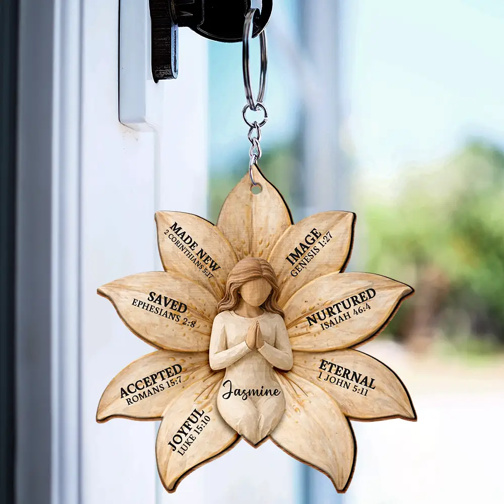 God Says I Am Bible Verse Lily Flower - Personalized Wooden Keychain - Image 3
