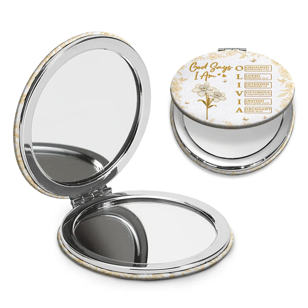 God Says I Am Birth Flower 3D Effect Name Letter In Bible - Personalized Circle Compact Mirror - Image 2