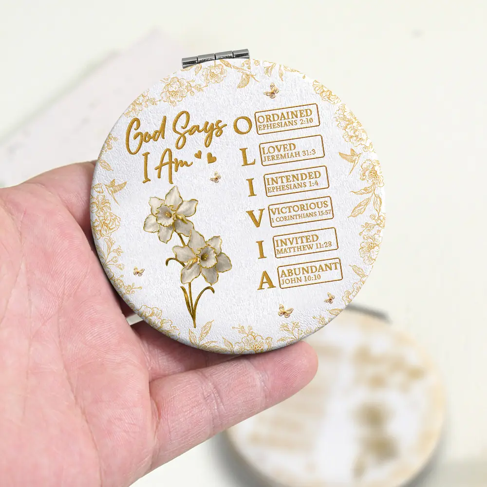 God Says I Am Birth Flower 3D Effect Name Letter In Bible - Personalized Circle Compact Mirror - Image 3