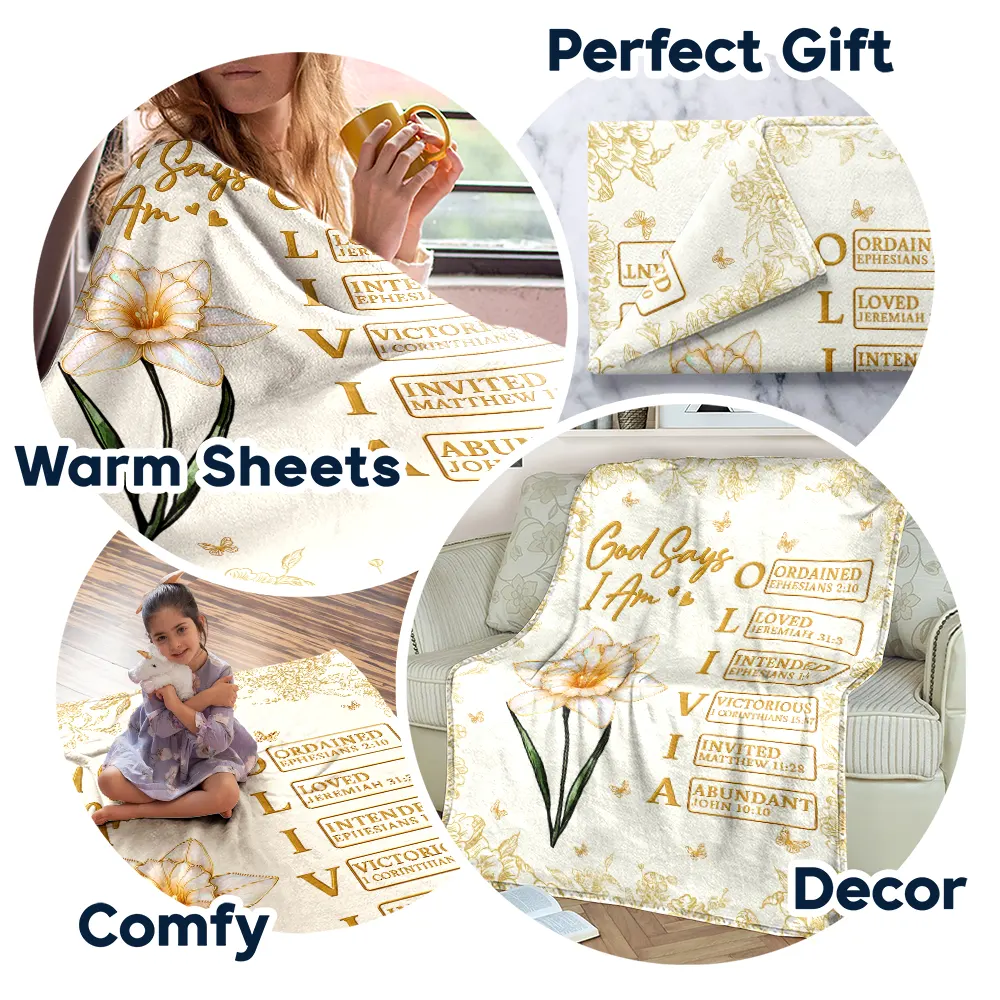 God Says I Am Birth Flower 3D Effect Name Letter In Bible - Personalized Fleece Blanket, Sherpa Blanket - Image 7