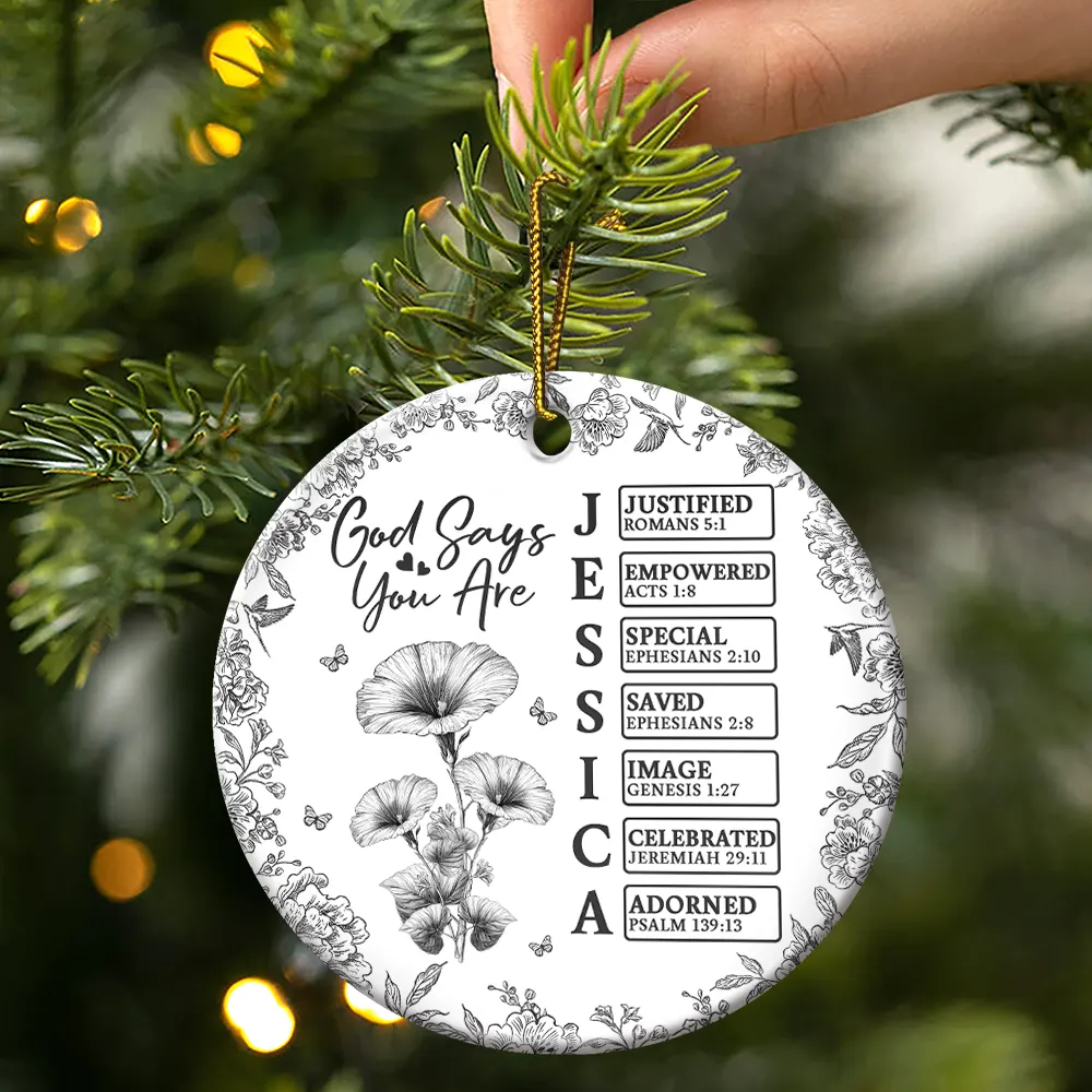 God Says I Am Name Letter In Bible Toile De Jouy Flower - Personalized Circle Ceramic Ornament - Image 3