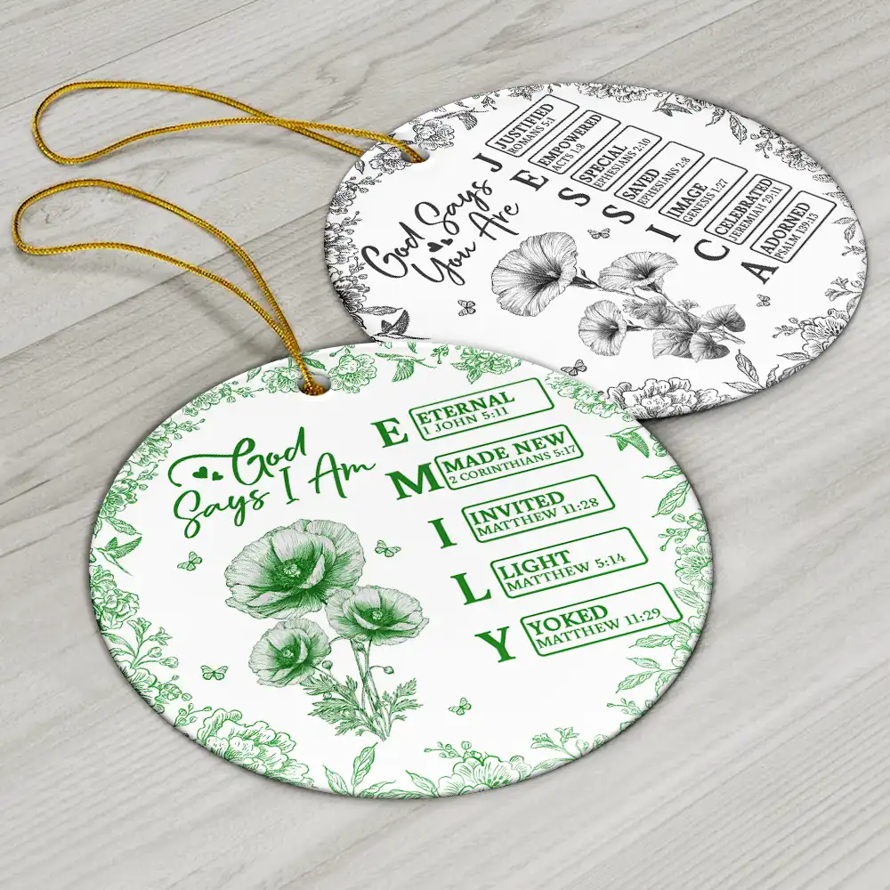 God Says I Am Name Letter In Bible Toile De Jouy Flower - Personalized Circle Ceramic Ornament - Image 6