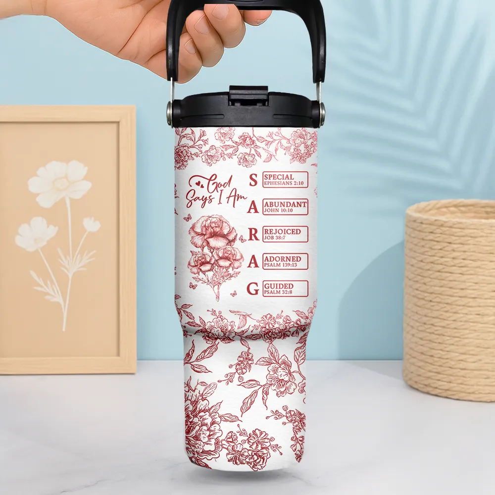 God Says I Am Toile De Jouy Flower - Personalized 30oz Tumbler With Handle - Image 2