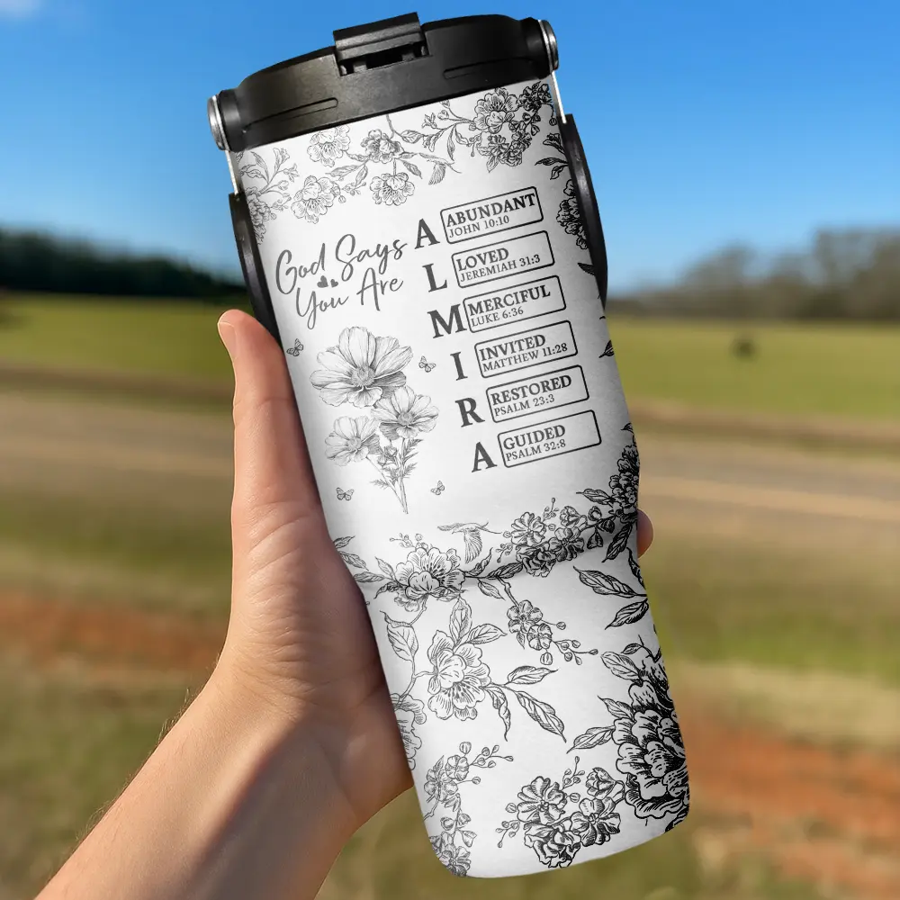 God Says I Am Toile De Jouy Flower - Personalized 30oz Tumbler With Handle - Image 3
