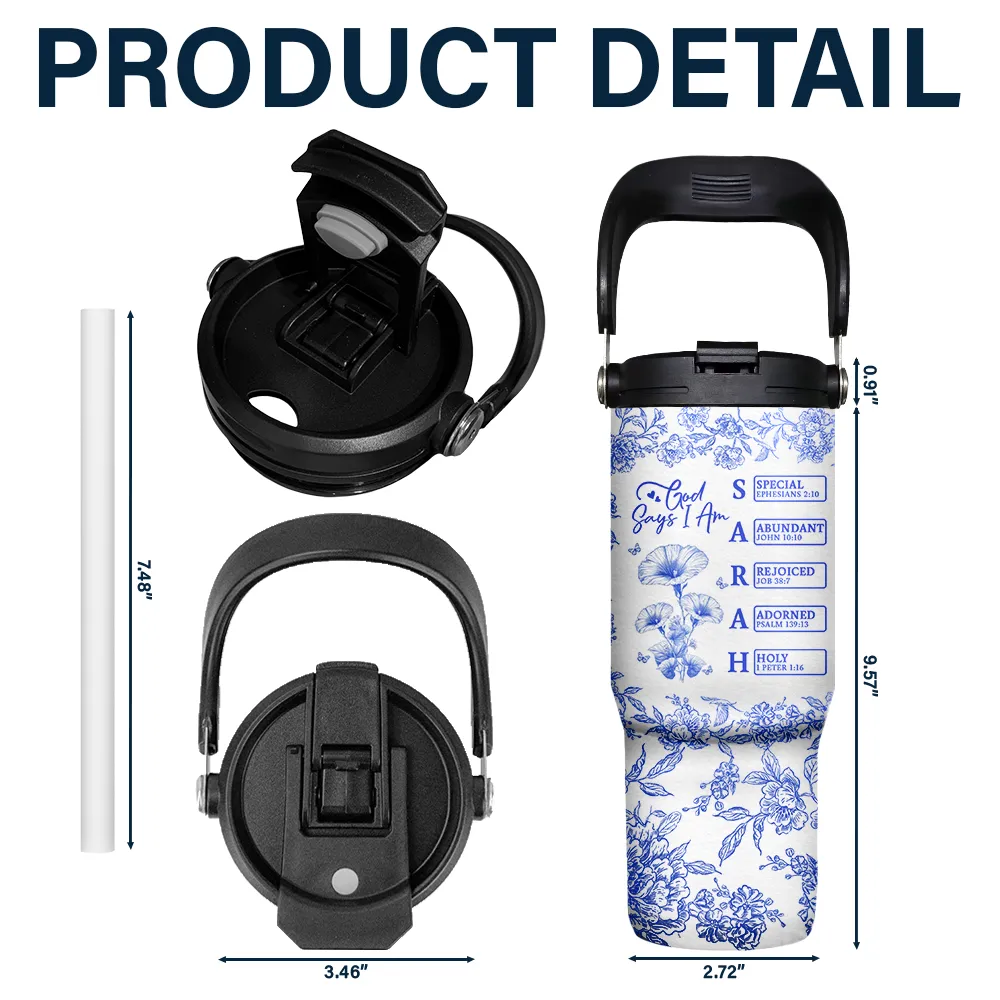 God Says I Am Toile De Jouy Flower - Personalized 30oz Tumbler With Handle - Image 5