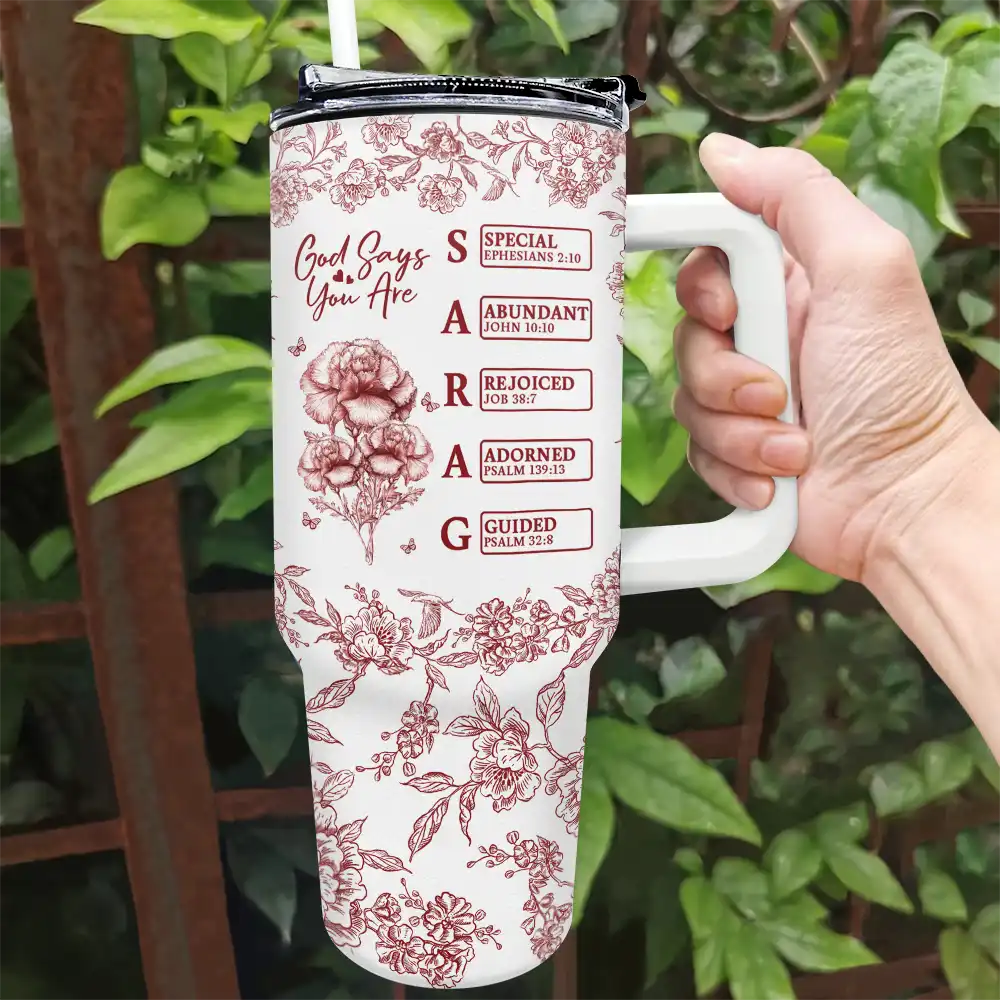 God Says I Am Toile De Jouy Flower - Personalized 40oz Tumbler With Straw - Image 2