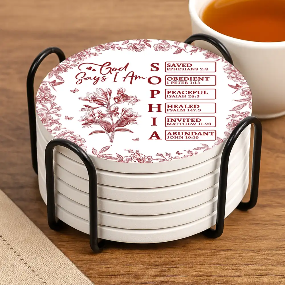 God Says I Am Toile De Jouy Flower - Personalized Ceramic Coaster - Image 3
