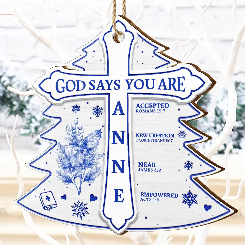 God Says I Am Toile De Jouy Flower - Personalized Custom Shaped Wooden Ornament - Image 4