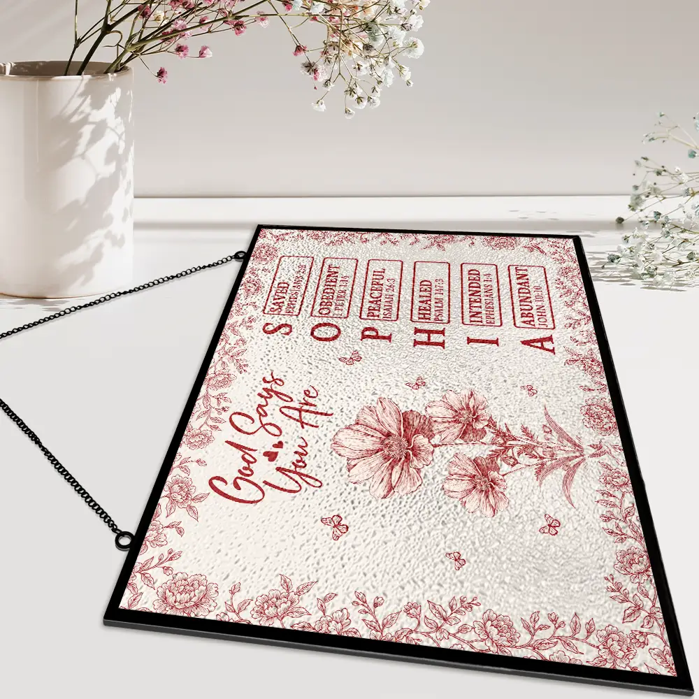 God Says I Am Toile De Jouy Flower - Personalized Horizontal Stained Glass Suncatcher - Image 5