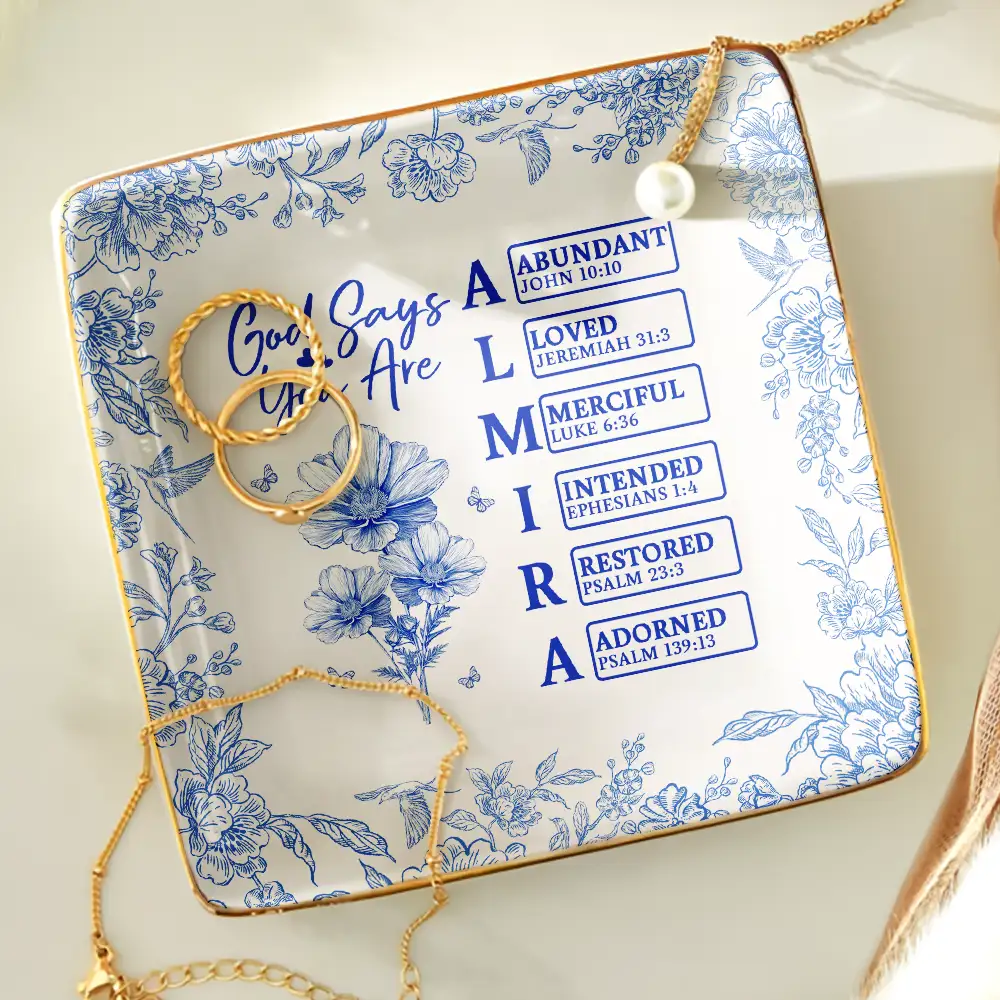 God Says I Am Toile De Jouy Flower - Personalized Ring Dish - Image 4