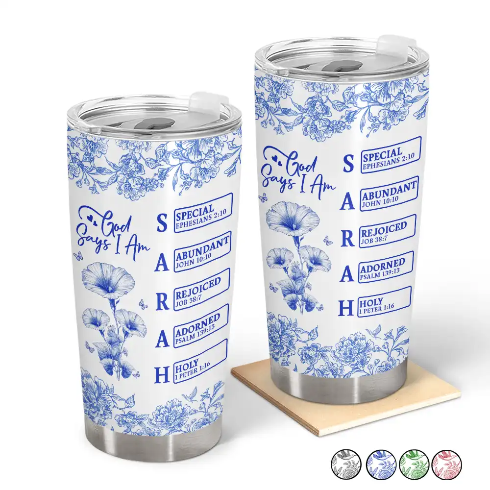 God Says I Am Toile De Jouy Flower - Personalized Tumbler