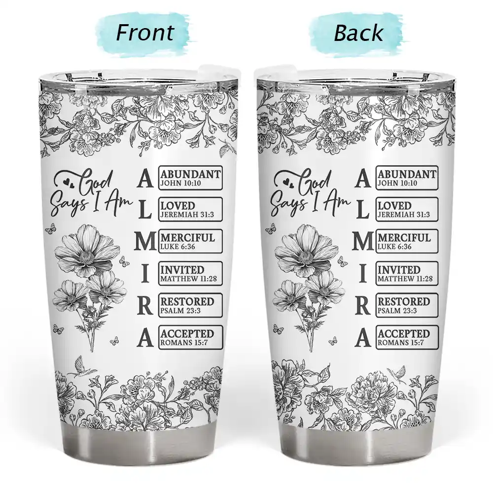 God Says I Am Toile De Jouy Flower - Personalized Tumbler - Image 3