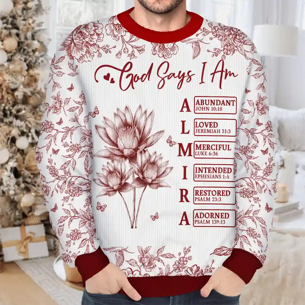 God Says I Am Toile De Jouy Flower - Personalized Unisex Ugly Sweater - Image 4