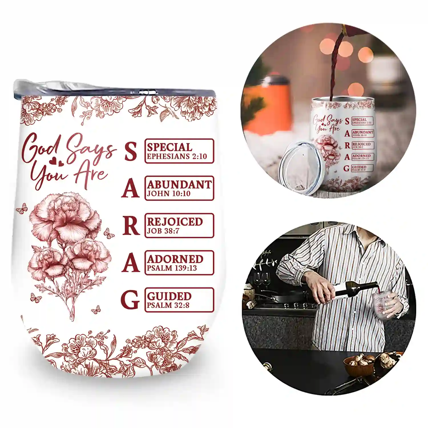 God Says I Am Toile De Jouy Flower - Personalized Wine Tumbler - Image 2