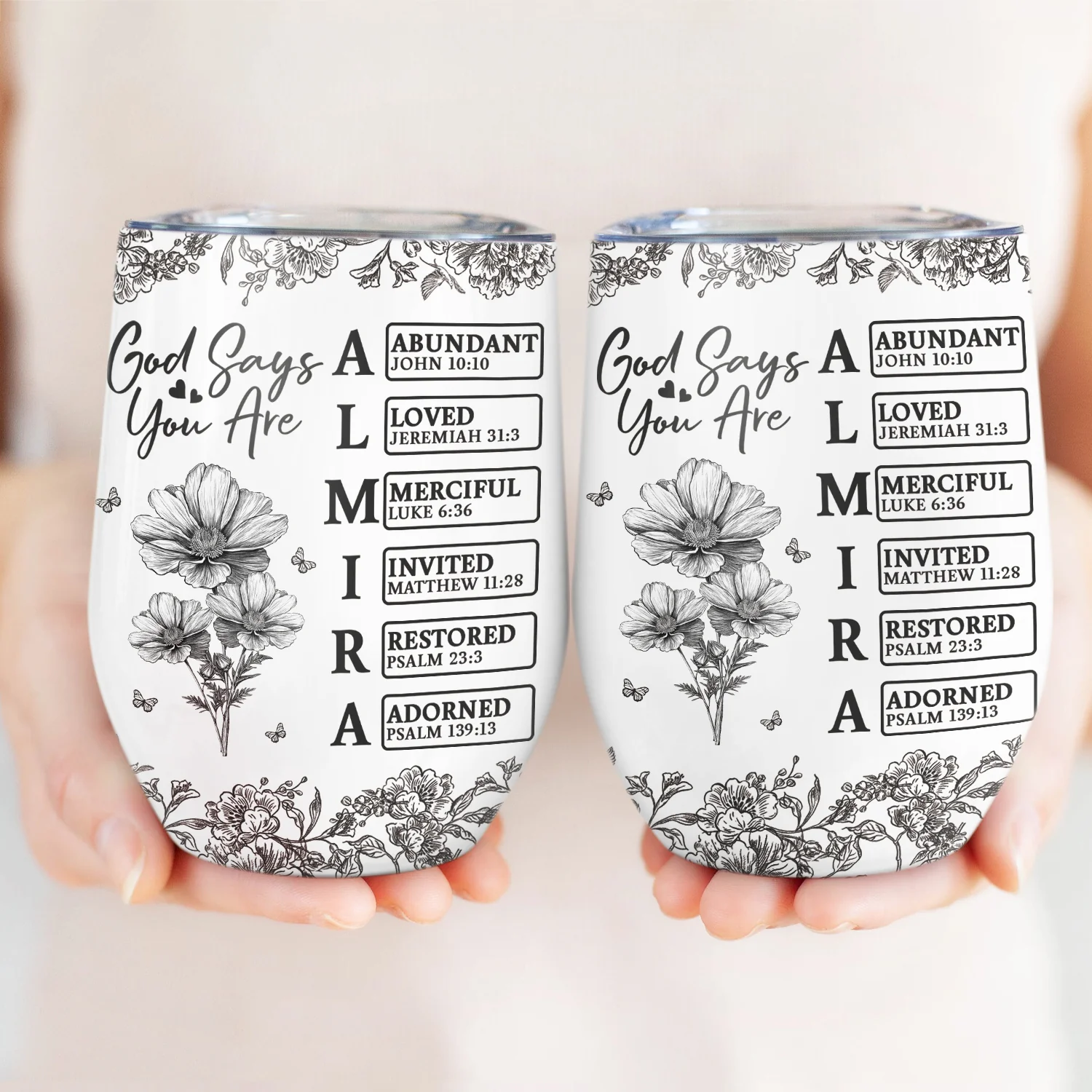 God Says I Am Toile De Jouy Flower - Personalized Wine Tumbler - Image 3
