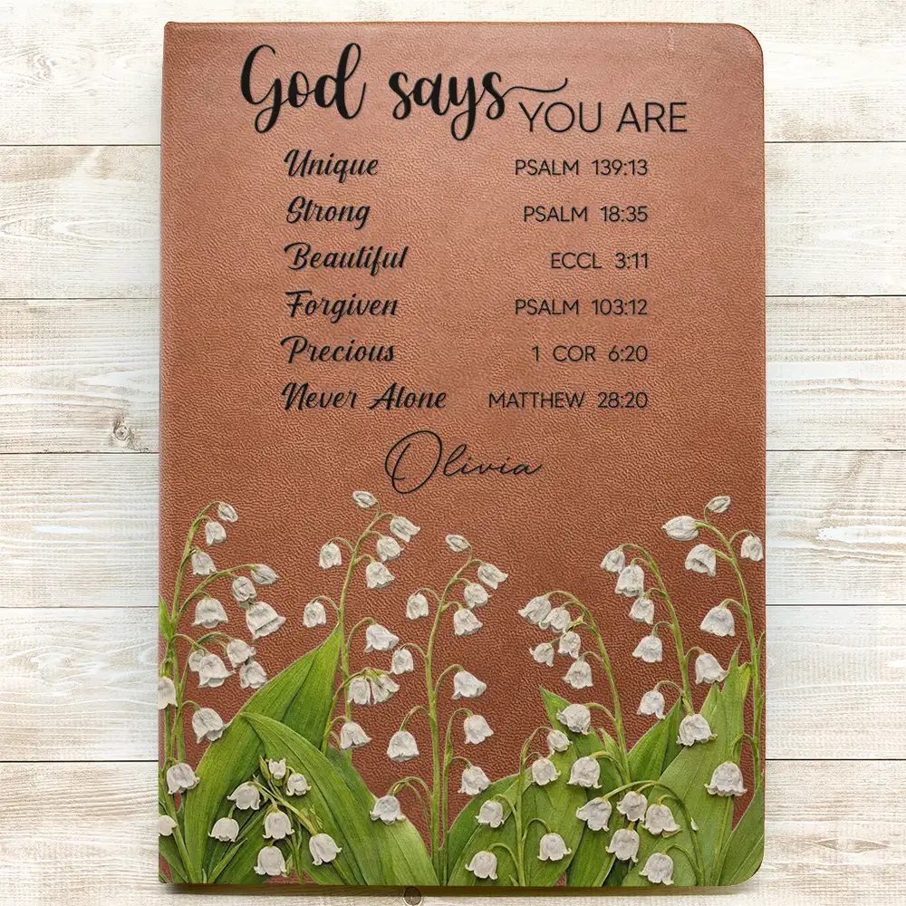 God Says You Are Bible Verse Faux Pressed Effect Birth Flower - Personalized Leather Journal - Image 3