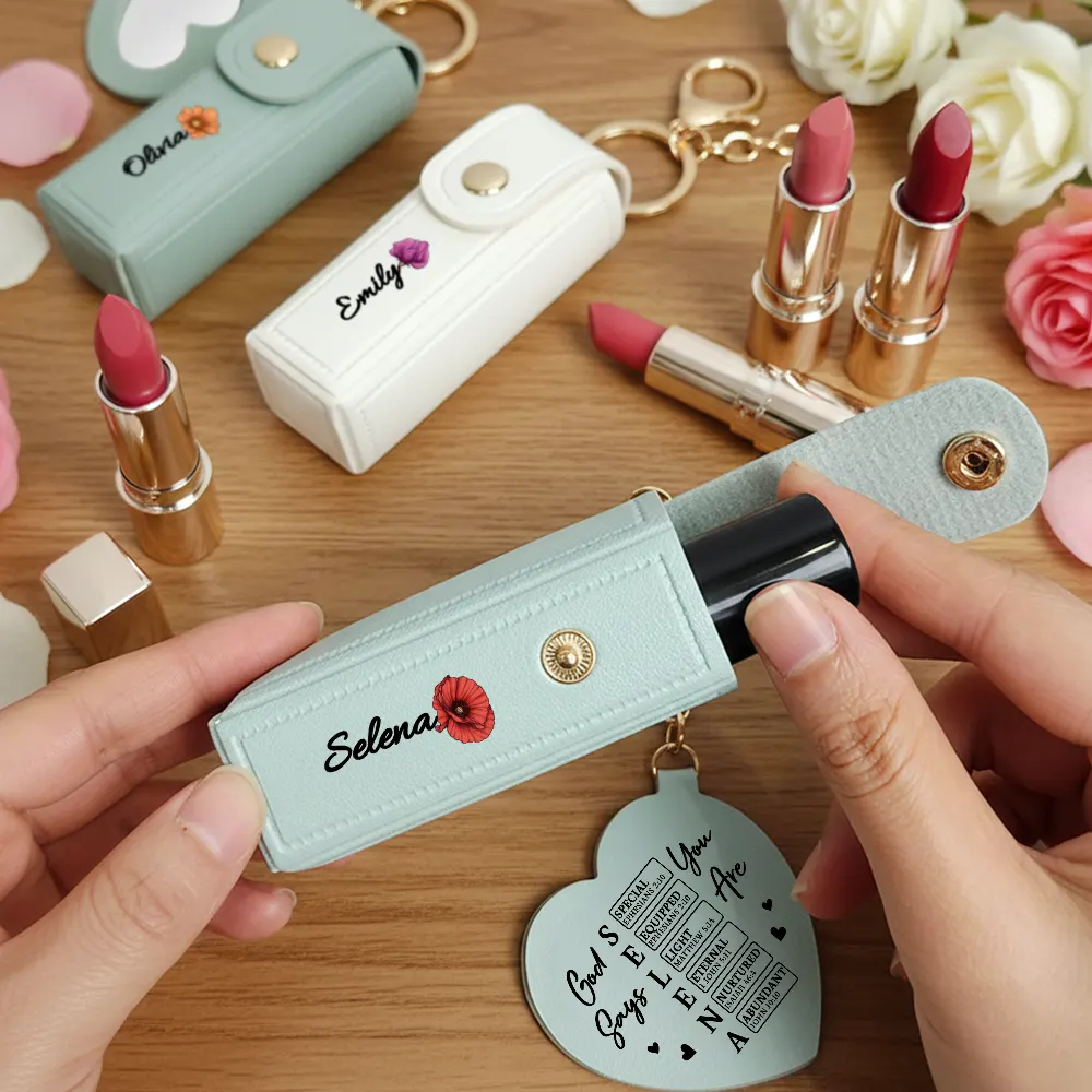 God Says You Are Birth Month Flower - Personalized Leather Lipstick Case Keychain With Mirror - Image 2