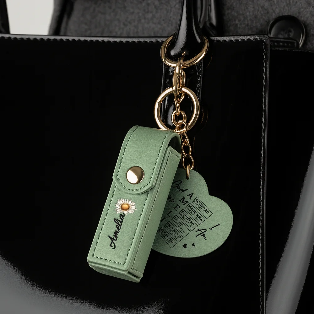 God Says You Are Birth Month Flower - Personalized Leather Lipstick Case Keychain With Mirror - Image 4