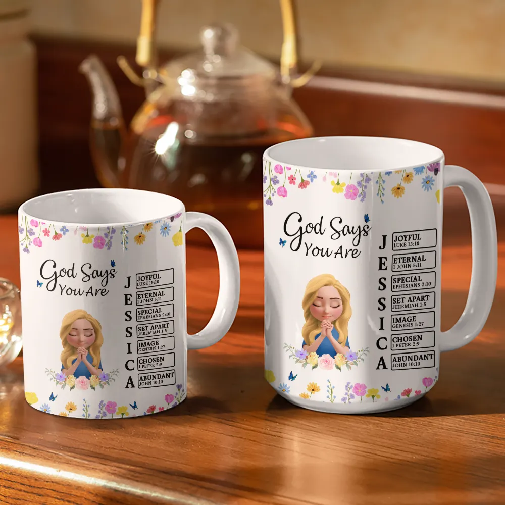 God Says You Are Praying Woman Girl With Flower Base - Personalized White Edge-to-Edge Mug - Image 3