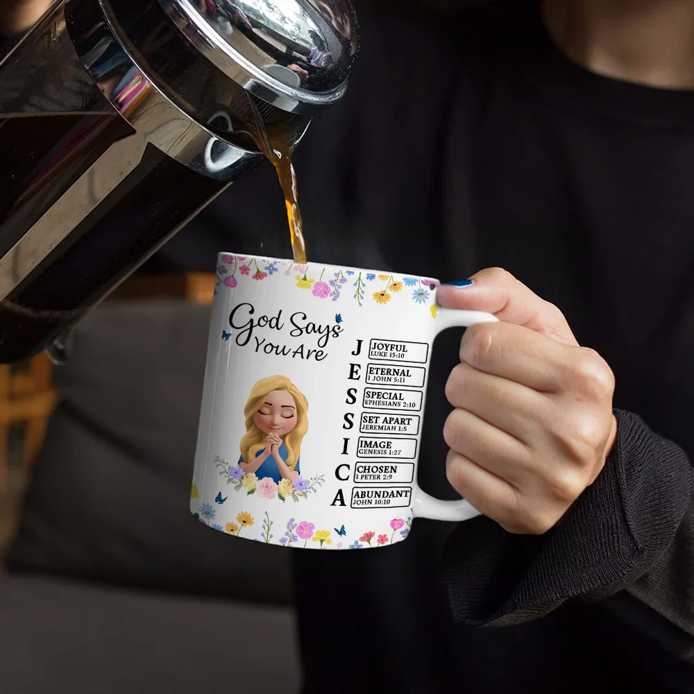 God Says You Are Praying Woman Girl With Flower Base - Personalized White Edge-to-Edge Mug - Image 4