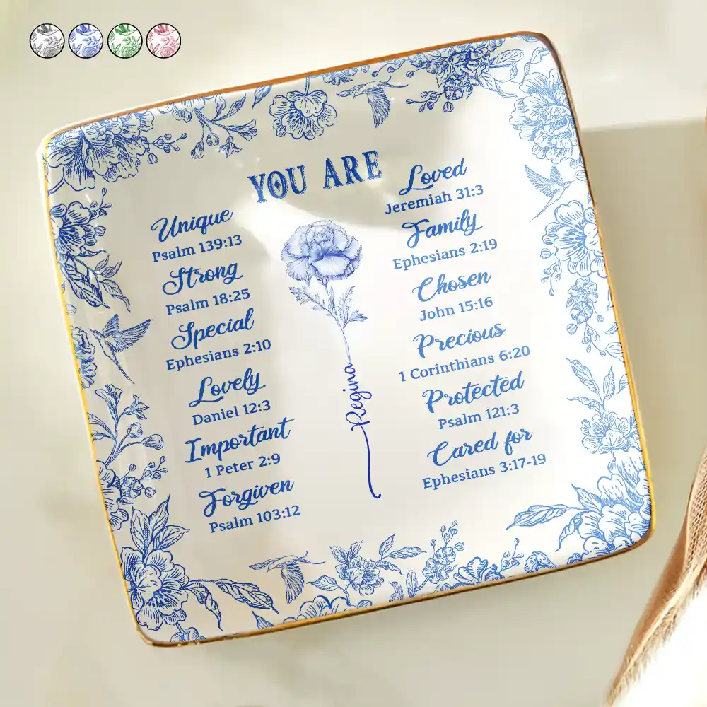 God Says You Are Toile De Jouy Birth Flower - Personalized Ring Dish