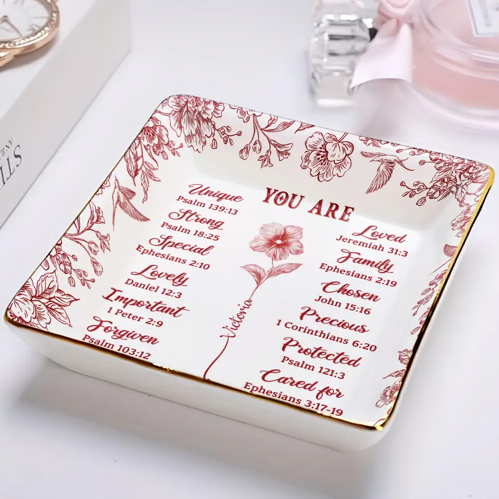 God Says You Are Toile De Jouy Birth Flower - Personalized Ring Dish - Image 2