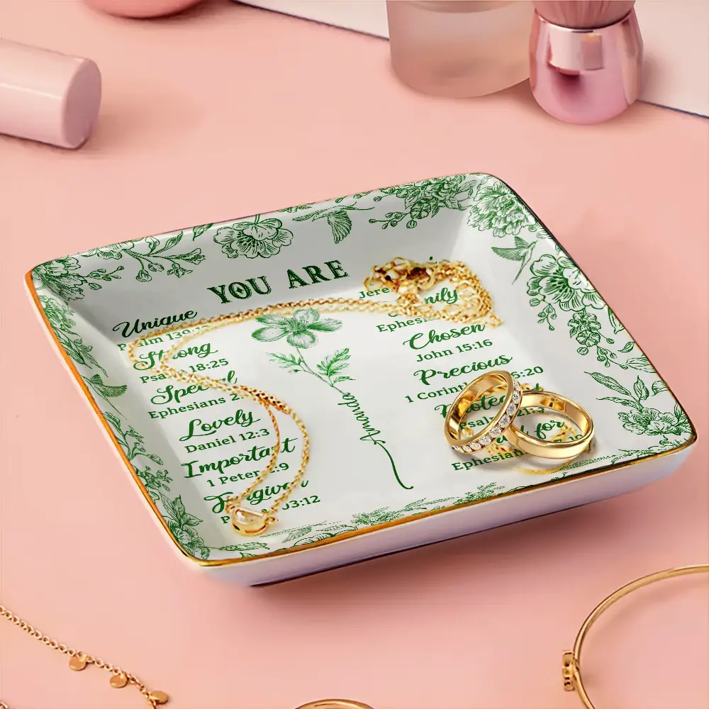 God Says You Are Toile De Jouy Birth Flower - Personalized Ring Dish - Image 3