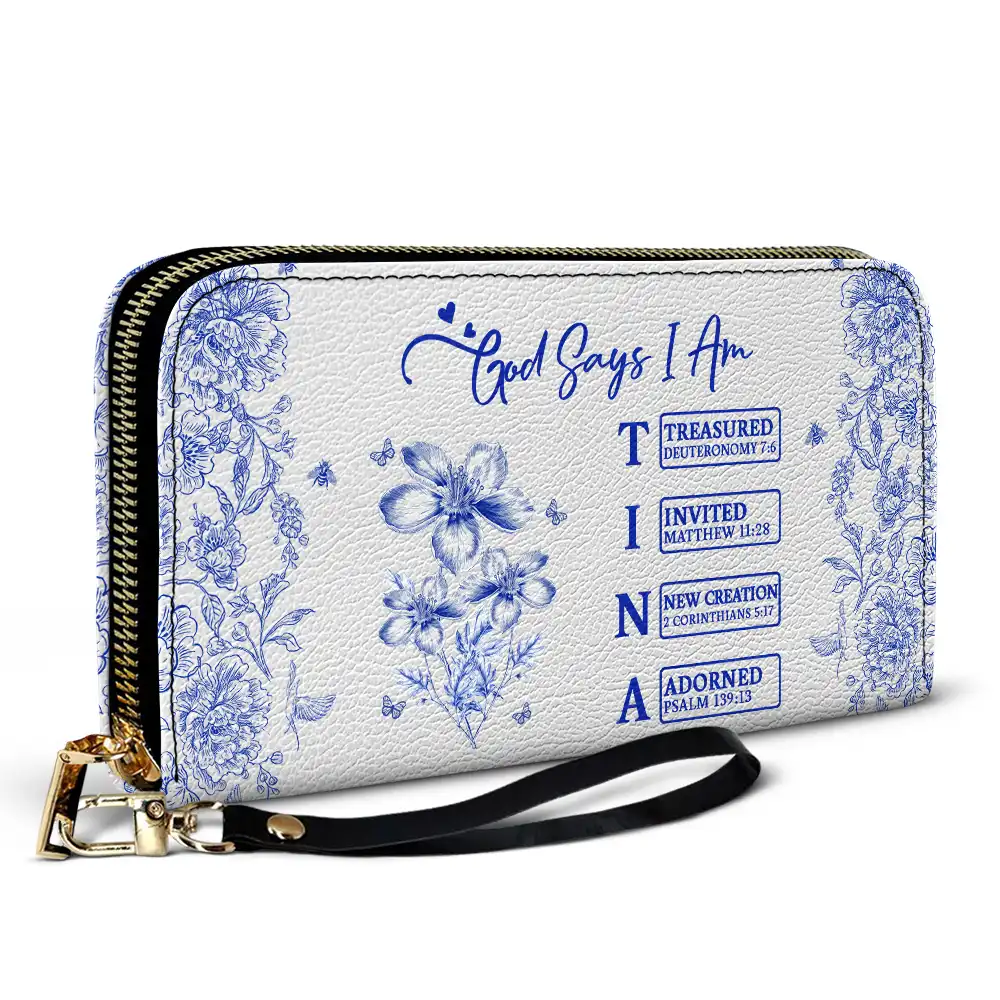God Says You Are Toile Pattern - Personalized Leather Long Wallet - Image 2