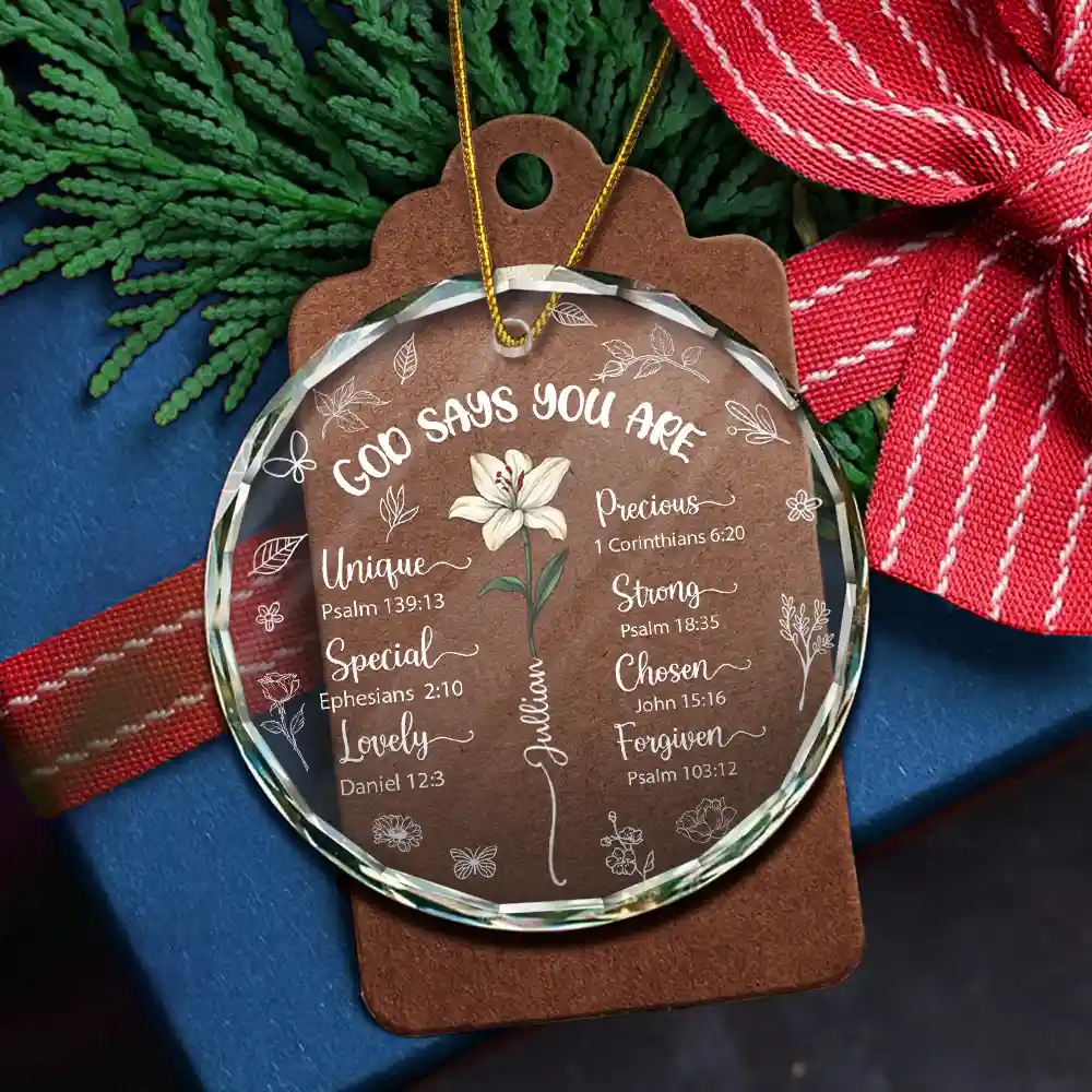 God Says You Are Unique Special Lovely Birth Month Flower - Personalized Circle Glass Ornament - Image 5