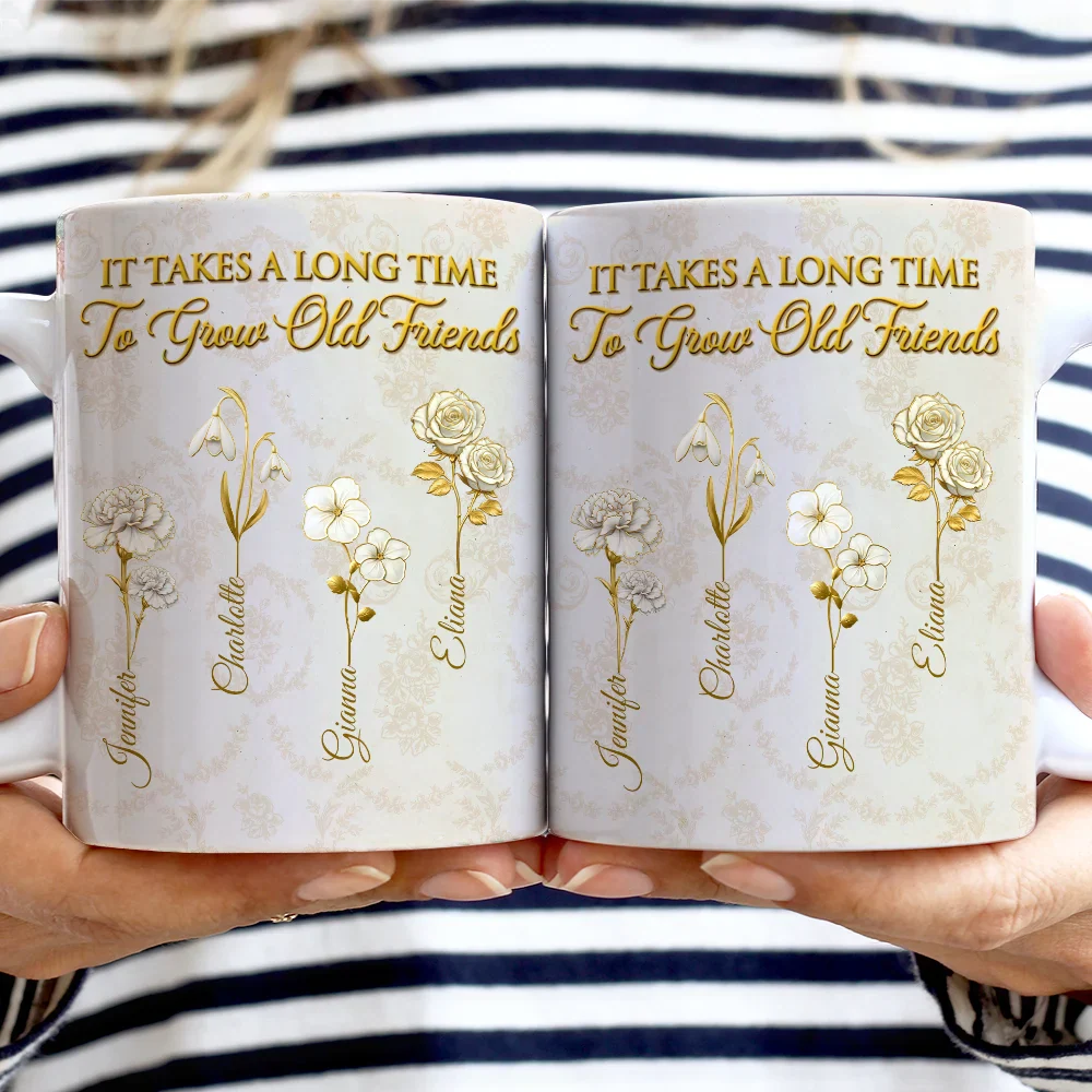 Gold Birth Month Flower Grow An Old Friend - Personalized White Edge-to-Edge Mug - Image 2