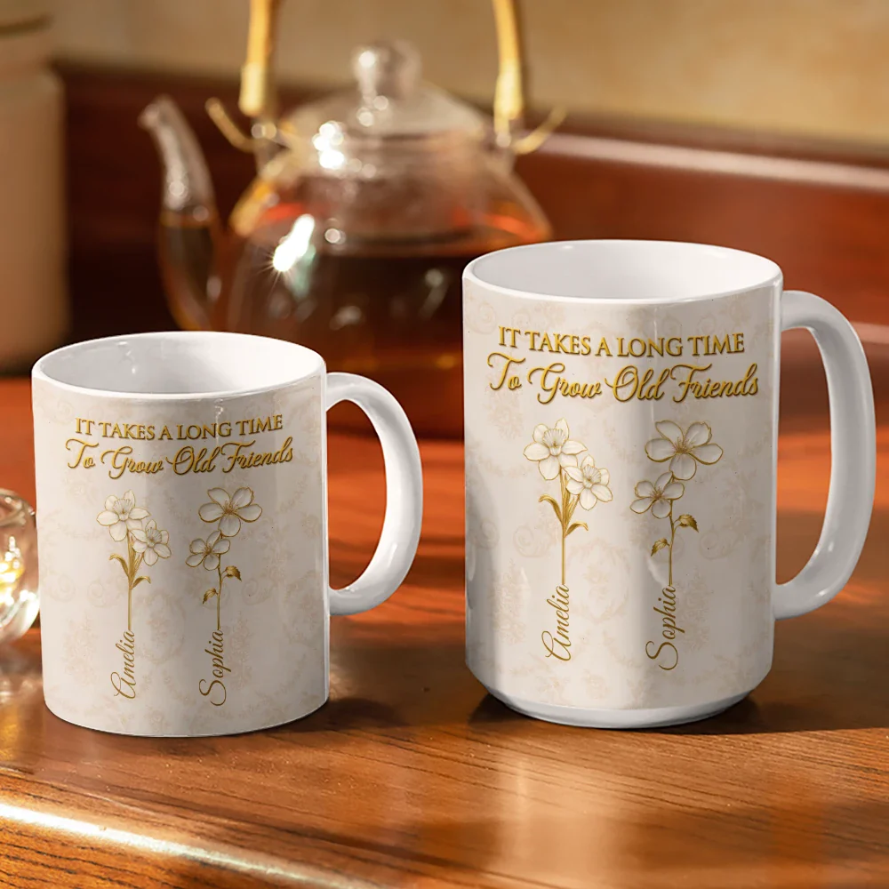 Gold Birth Month Flower Grow An Old Friend - Personalized White Edge-to-Edge Mug - Image 3