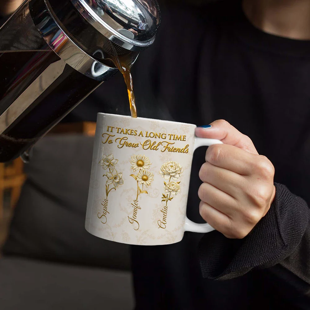 Gold Birth Month Flower Grow An Old Friend - Personalized White Edge-to-Edge Mug - Image 4