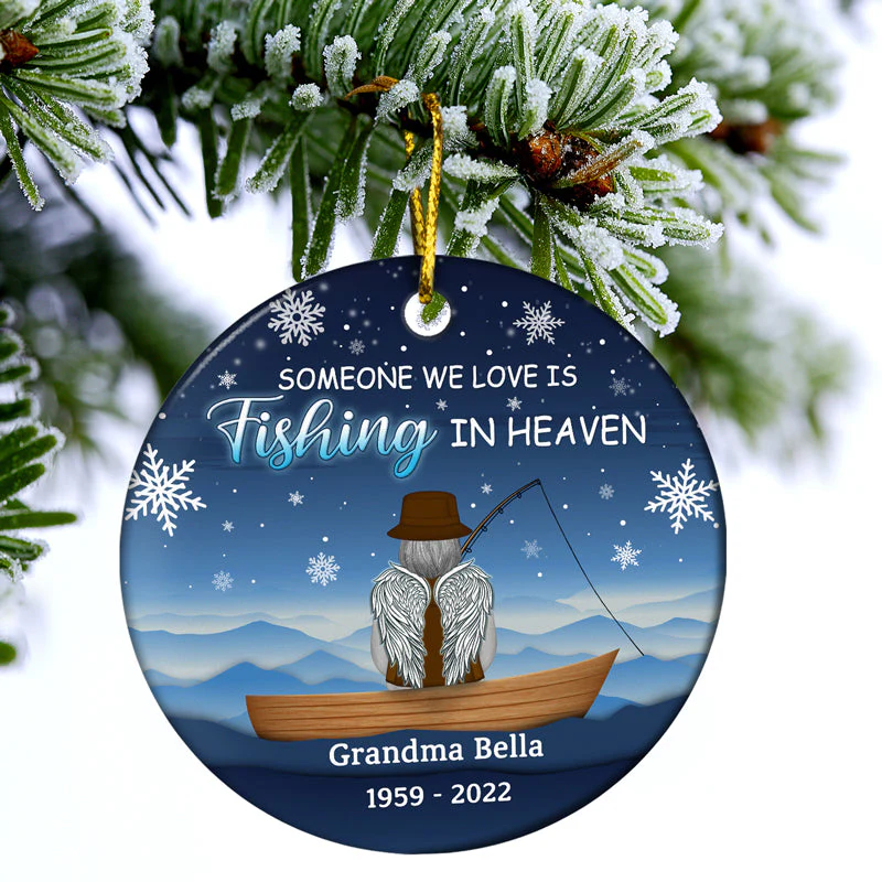 Gone Fishing In Heaven Christmas - Family Memorial Gift - Personalized Custom Circle Ceramic Ornament - Image 3