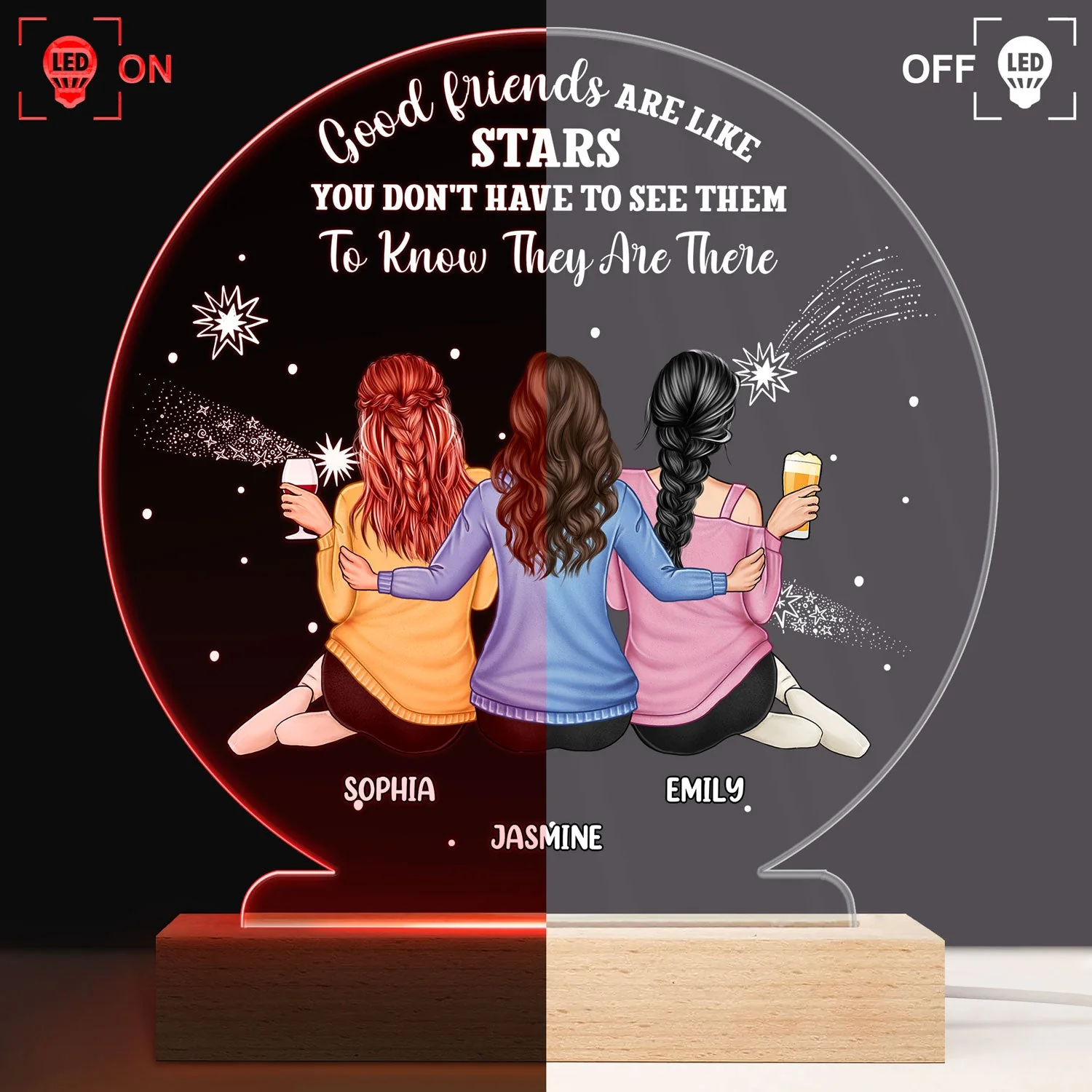 Good Friends Like Stars - Gift For Besties, BFF Best Friends, Sisters - Personalized 3D Led Light Wooden Base - Image 3