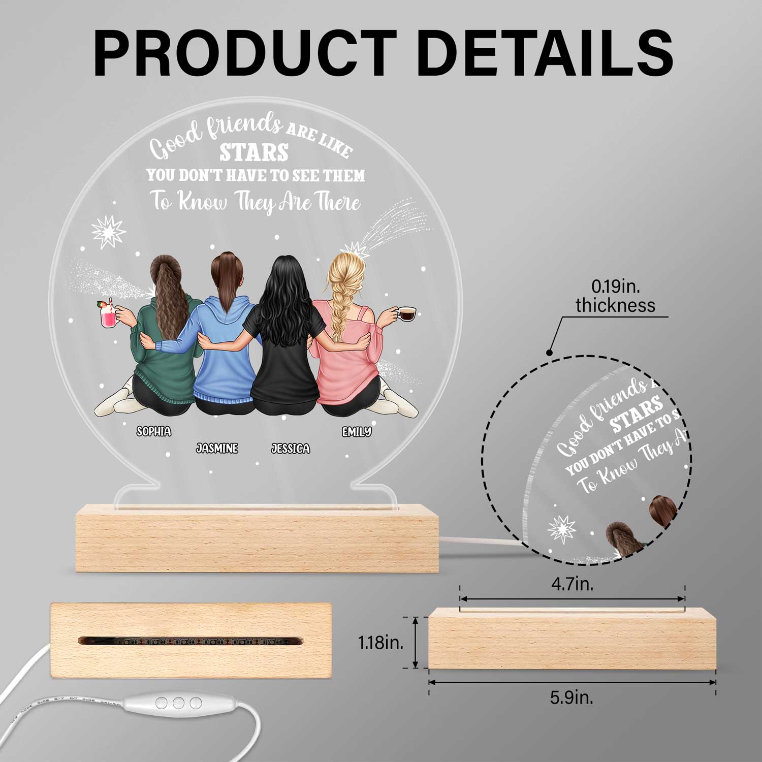Good Friends Like Stars - Gift For Besties, BFF Best Friends, Sisters - Personalized 3D Led Light Wooden Base - Image 5