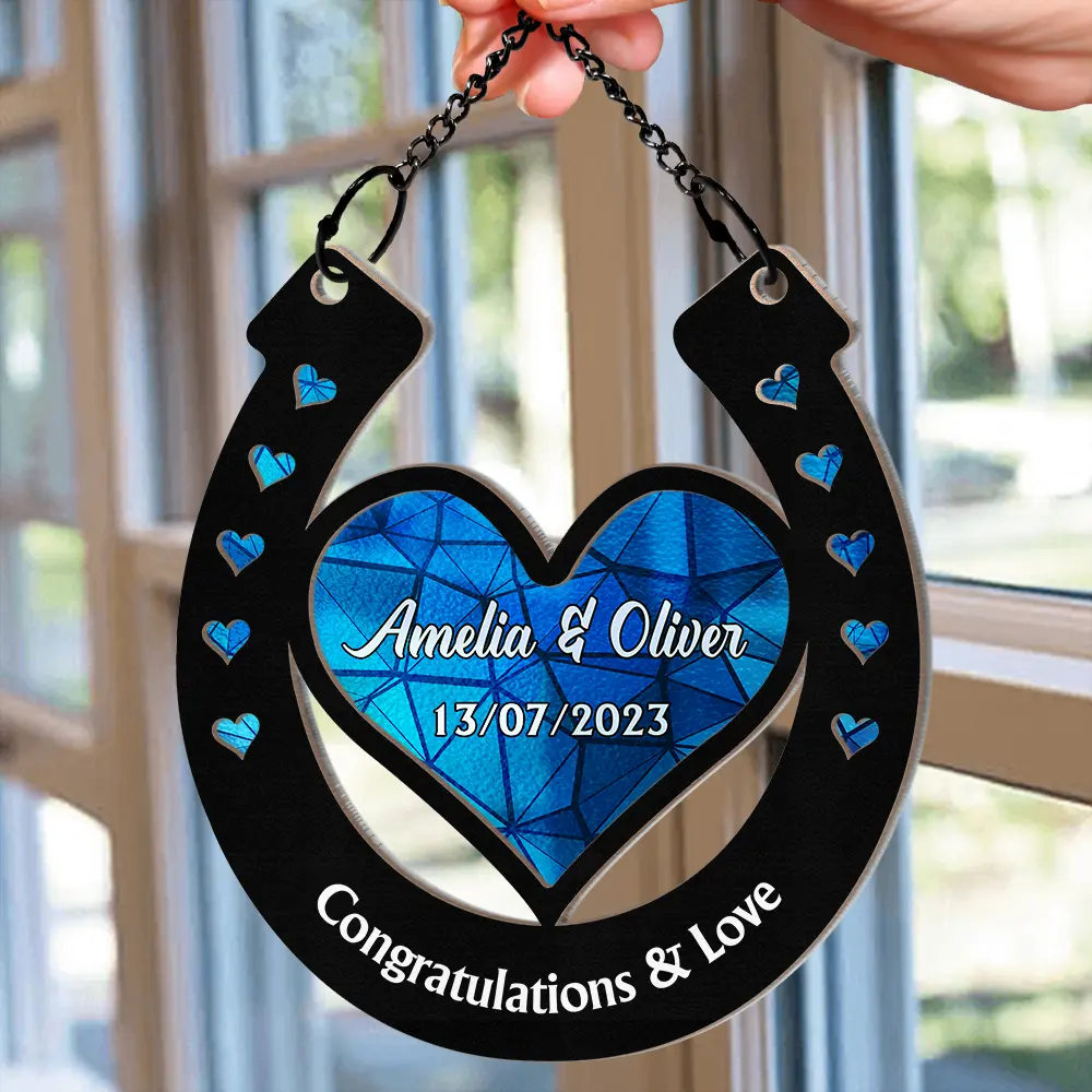 Good Luck Wedding Horseshoe - Personalized Window Hanging Suncatcher Ornament - Image 2
