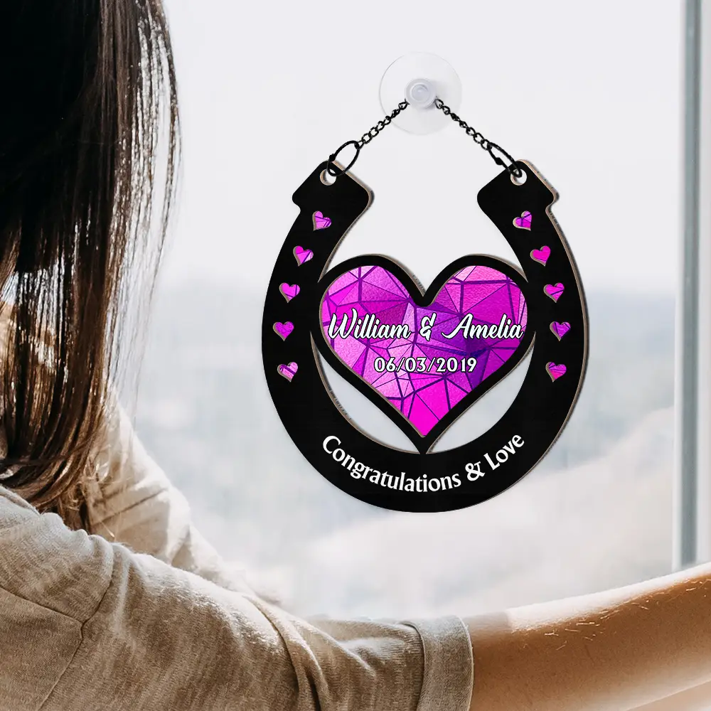 Good Luck Wedding Horseshoe - Personalized Window Hanging Suncatcher Ornament - Image 4