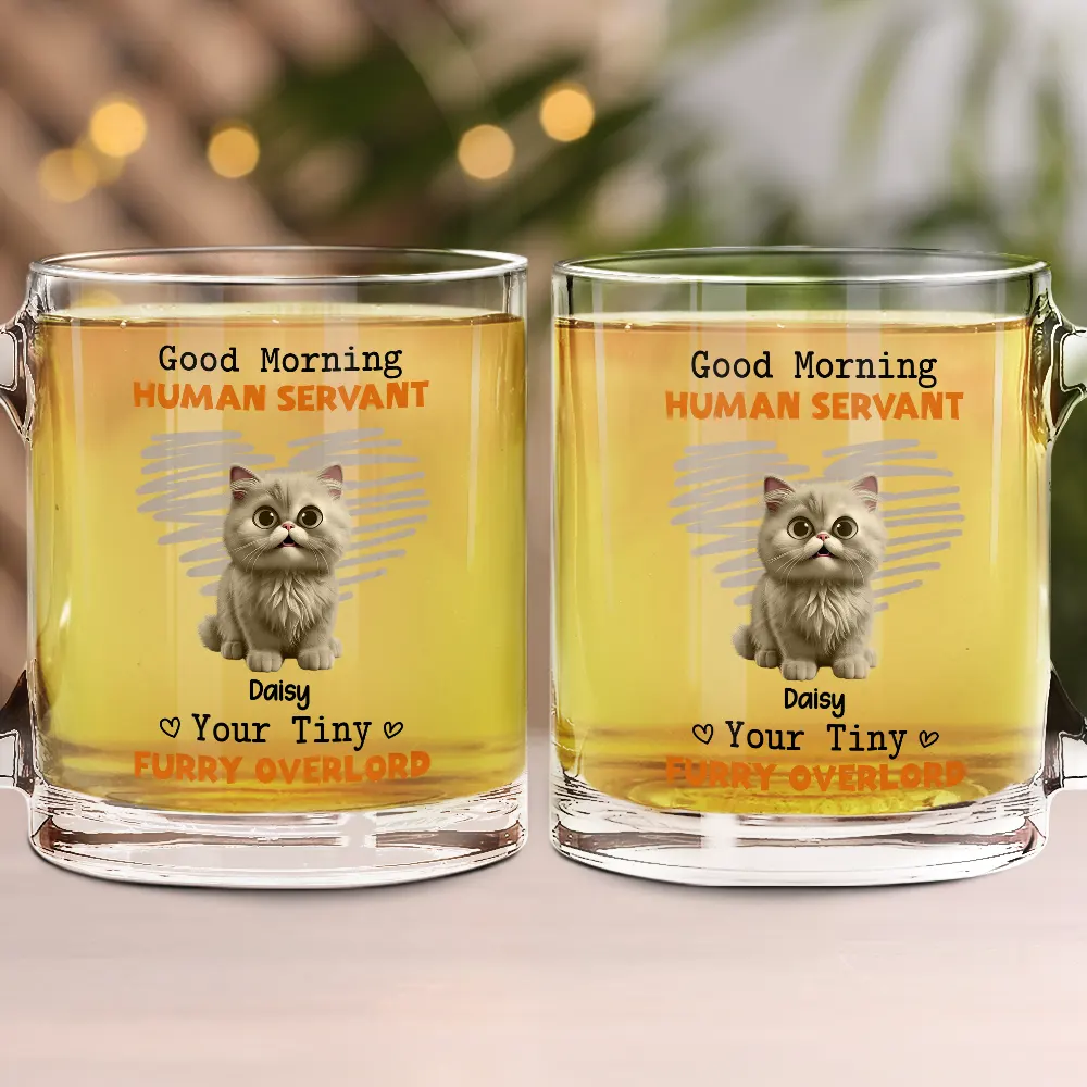 Good Morning Human Servant Funny Cat - Personalized Glass Mug - Image 2