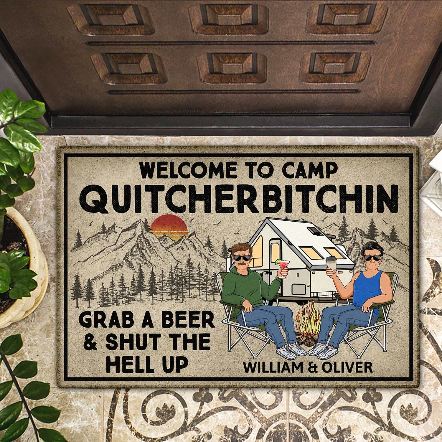 Grab A Beer And Shut The Hell Up - Anniversary, Loving Gifts For Couples, Husband, Wife, Camping Lovers - Personalized Doormat - Image 2