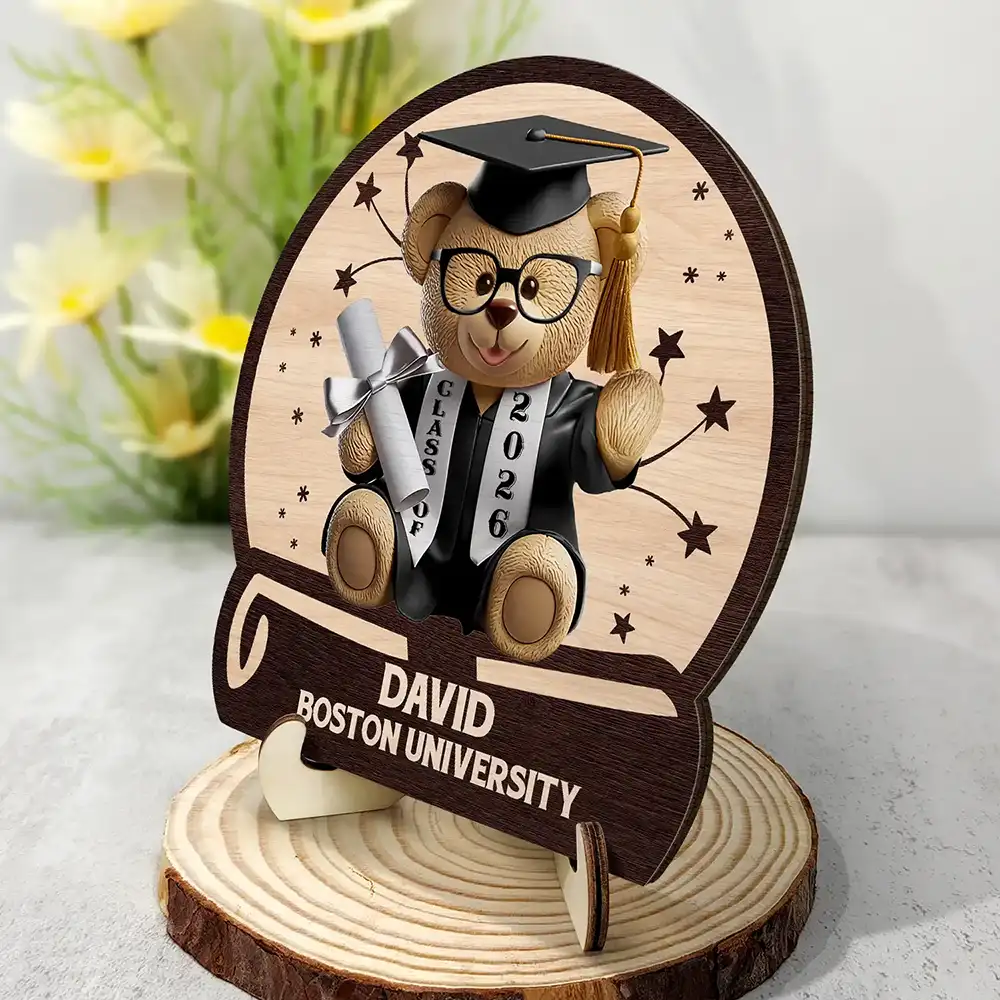 Graduation Bear 3D Effect - Personalized 2-Layered Wooden Plaque With Stand - Image 2