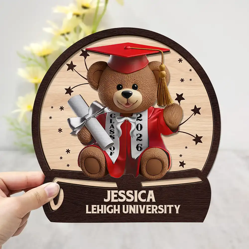 Graduation Bear 3D Effect - Personalized 2-Layered Wooden Plaque With Stand - Image 3
