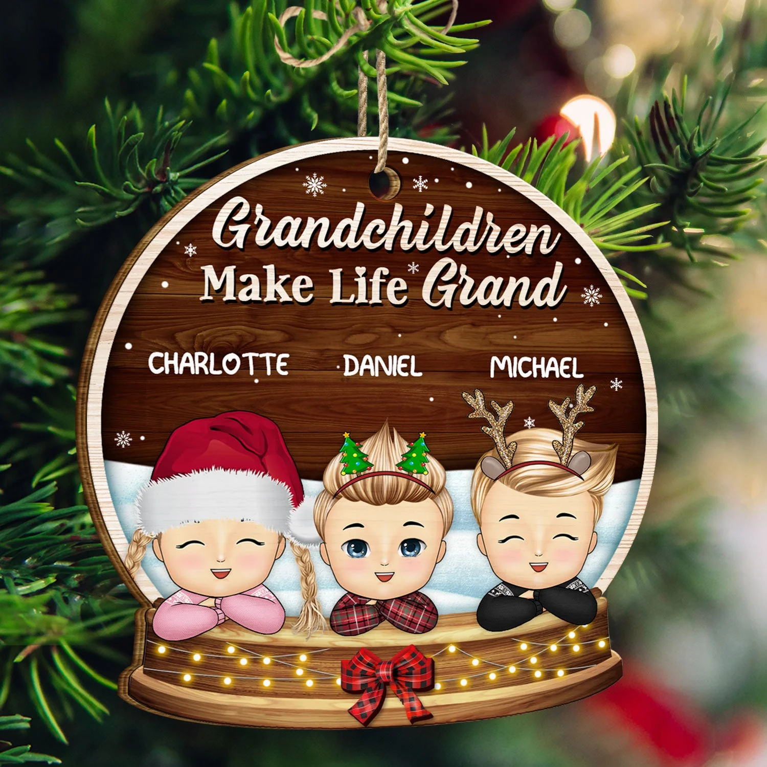 Grandchildren Make Life Grand - Christmas, Loving Gift For Grandpa, Grandma, Grandparents - Personalized Custom Shaped Wooden Ornament - Image 3