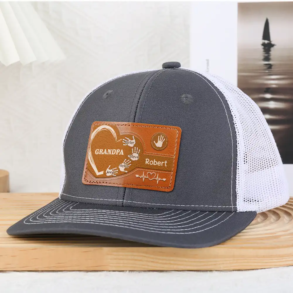 Granddad Dad Kids Handprints Heart - Personalized Leather Patch Hat - Image 4