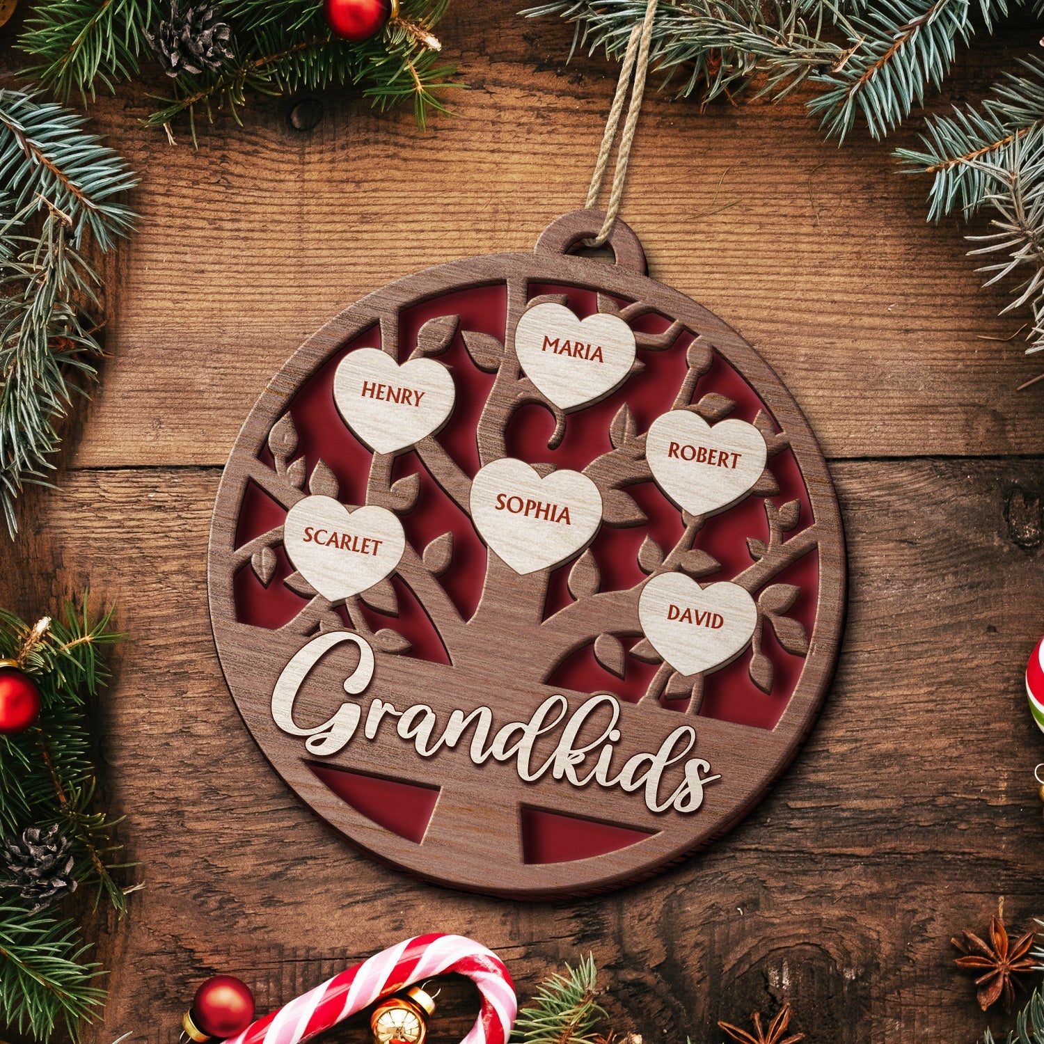 Grandkids Family Tree - Christmas Gifts For Grandparents, Grandkids, Family - Personalized 2-Layered Wooden Ornament - Image 5